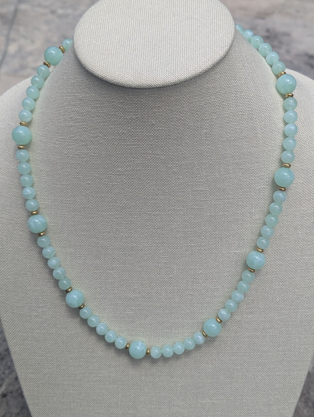 Vintage Mint Acrylic Bead Necklace Gold Tone Spacers & Clasp 24”